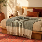 Chevron Green Handwoven Pure Cotton Throw, The Linen Room. Handmade in India by House of Taraasha.