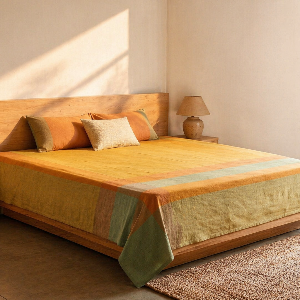 Marigold Citrine Yellow and Green Woven Bed Cover, The Linen Room. Handmade in India by House of Taraasha.