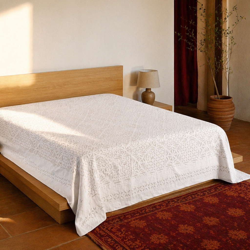 White Cutwork Appliqué Cotton Bed Cover, The Linen Room. Handmade in India by House of Taraasha.