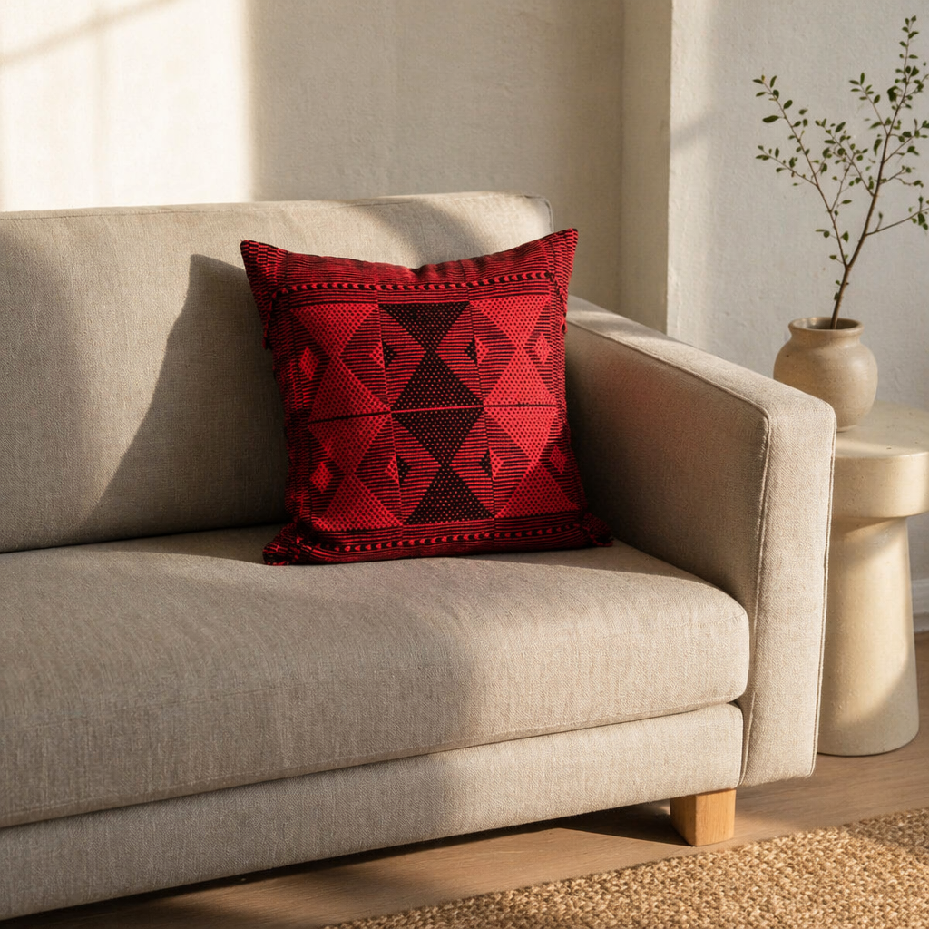 Naga Tribal Backstrap-Woven Red and Black Pattern Cushion Cover, The Living Room. Handmade in India by House of Taraasha.
