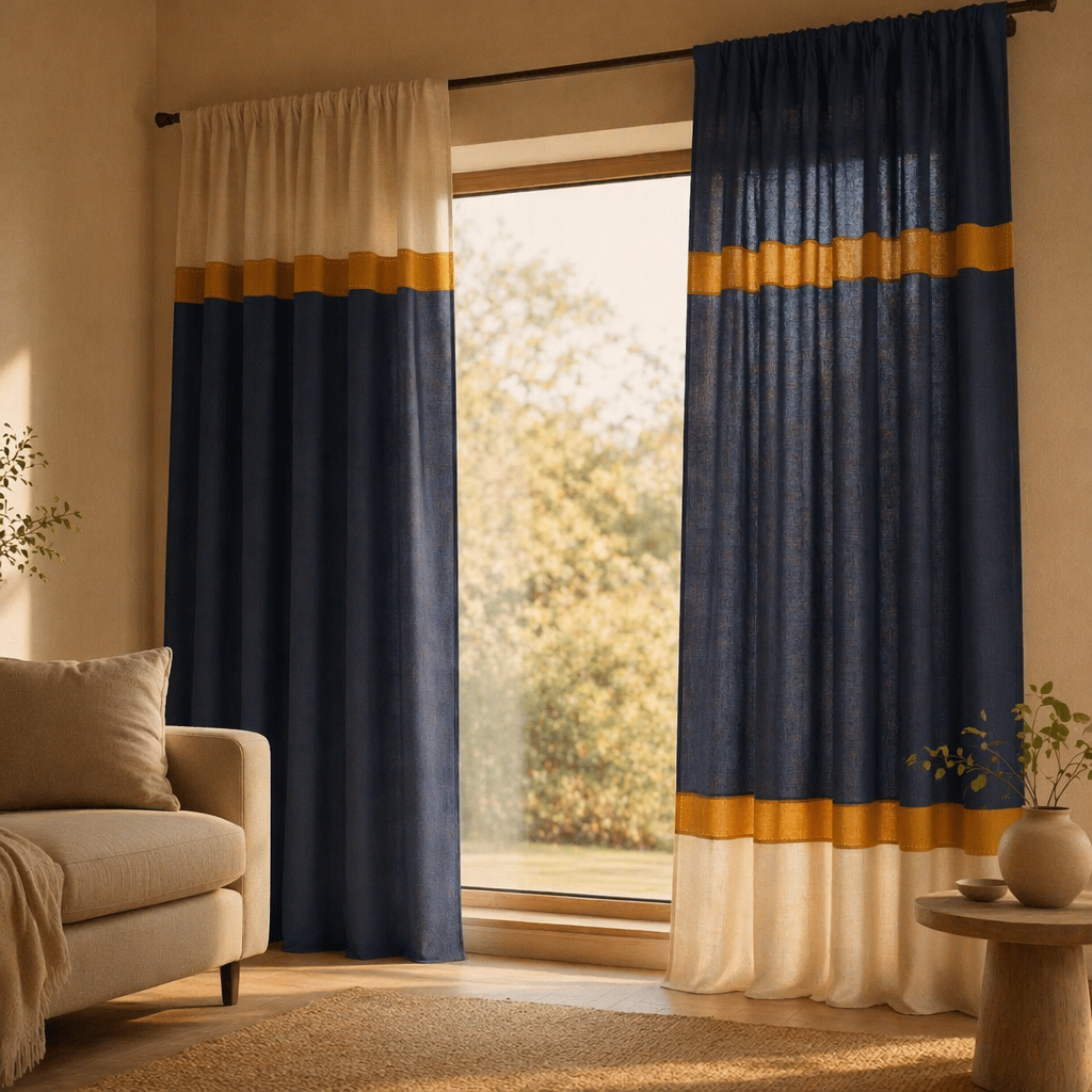 Reversible Navy Blue and Off-White Door Curtain, The Draped Window. Handmade in India by House of Taraasha.