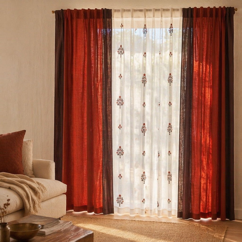 Royal Courtyards Rust & Maroon Woven-Sheer Set of Three, The Draped Window. Handmade in India by House of Taraasha.