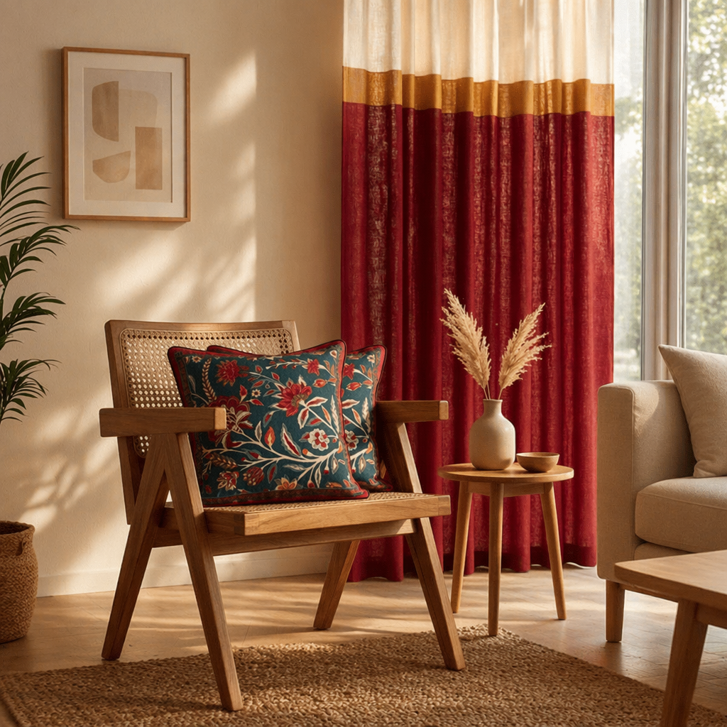 Reversible Maroon Cotton Curtain and Cushion Room Set, The Draped Window. Handmade in India by House of Taraasha.