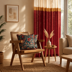 Reversible Maroon Cotton Curtain and Cushion Room Set, The Draped Window. Handmade in India by House of Taraasha.