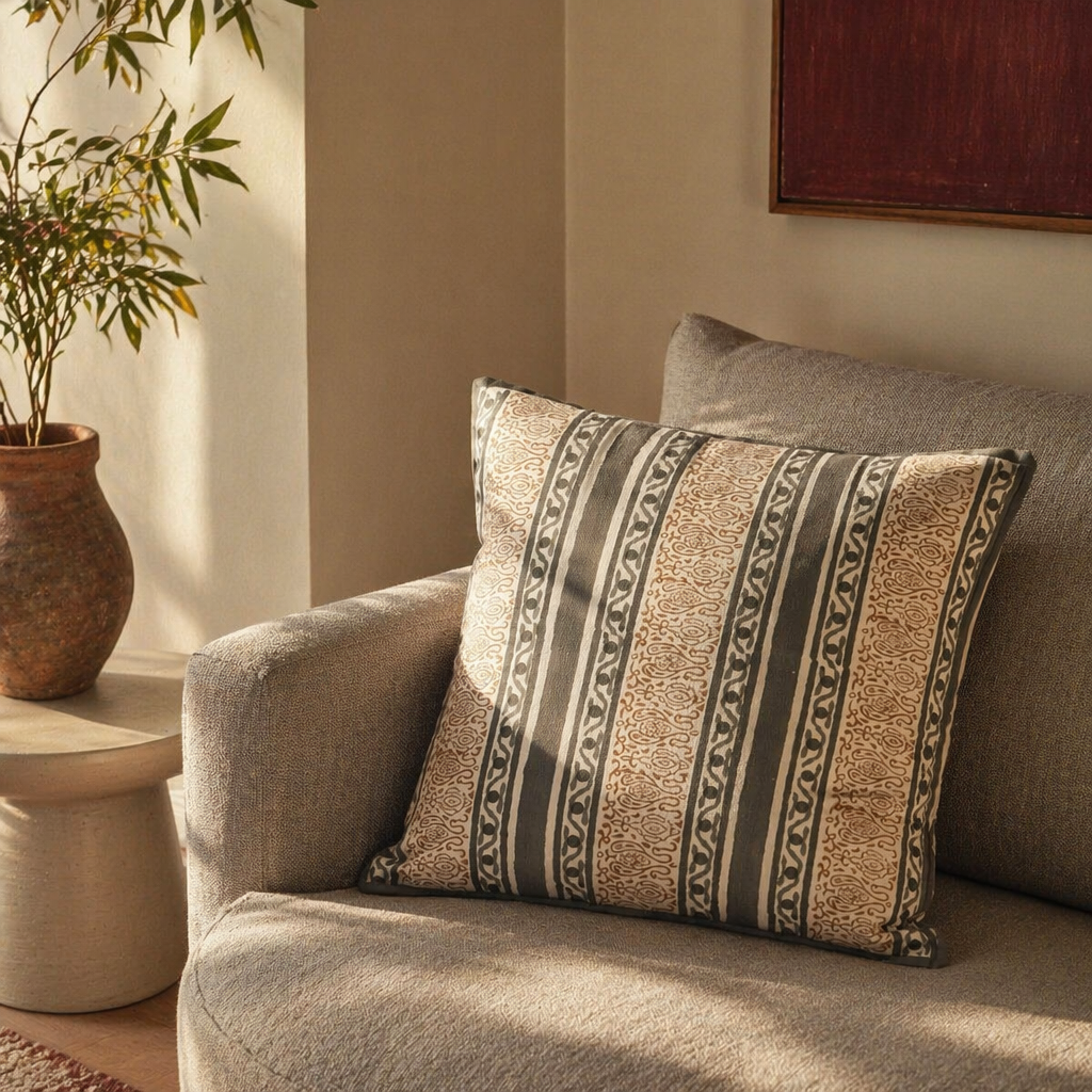 Charcoal Stripe Hand Block-Printed Cotton Cushion Cover, The Living Room. Handmade in India by House of Taraasha.