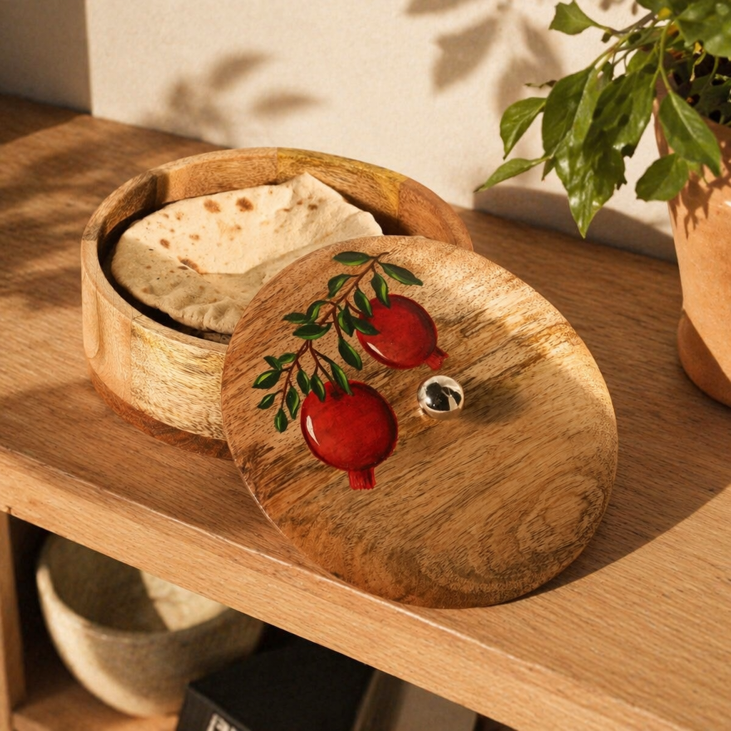 Rajasthan Hand-Painted Anar Mango Wood Roti Box, The Wood Table. Handmade in India by House of Taraasha.