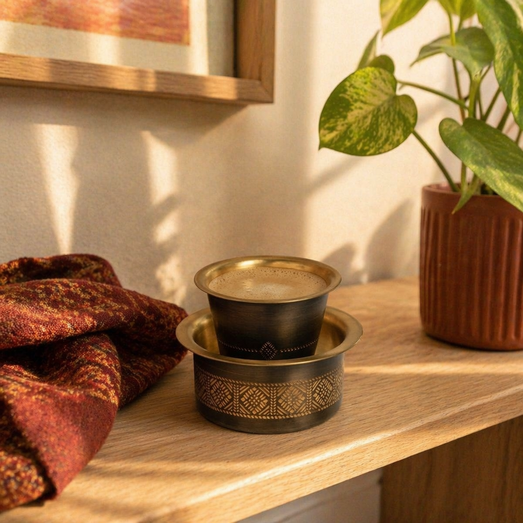 Kanjeevaram Antique Brass Filter Coffee Dabara Set, The Brass Atelier. Handmade in India by House of Taraasha.