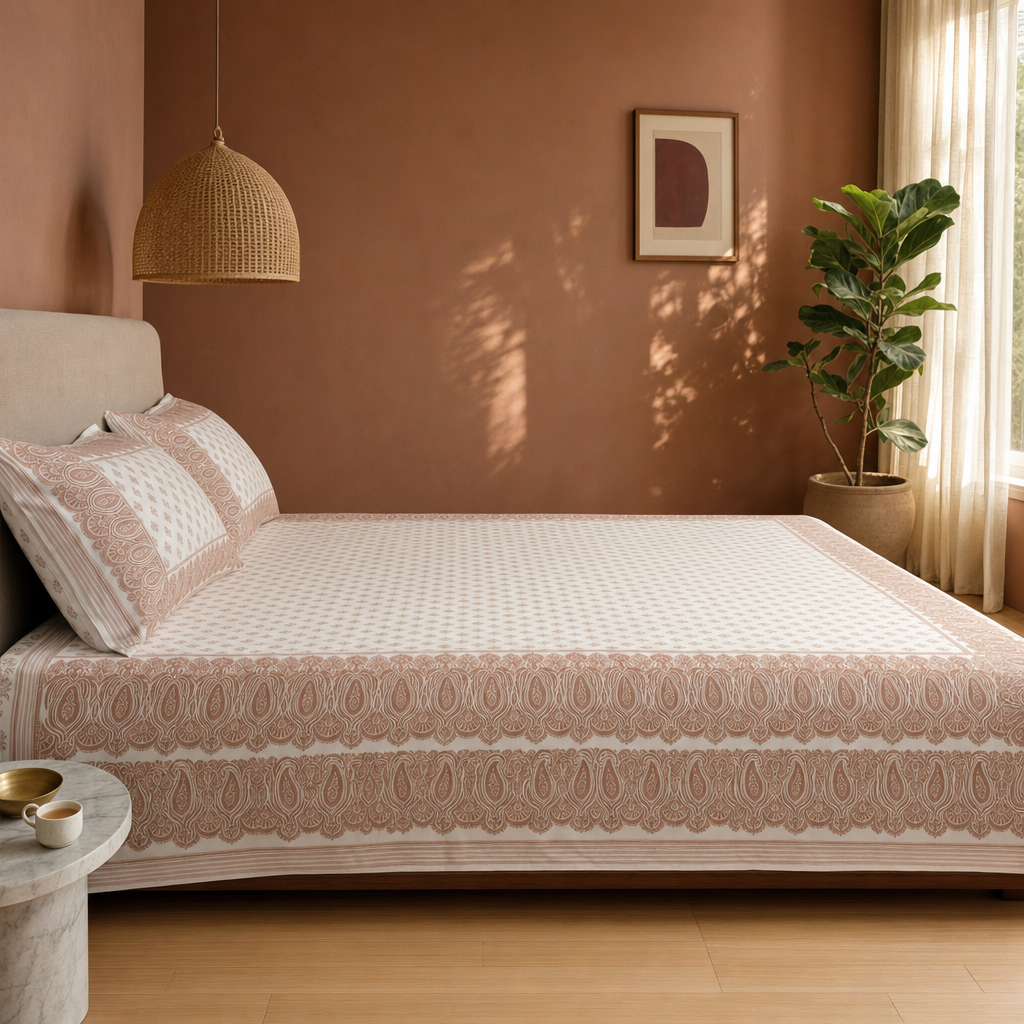 Sanganer Hand-Printed Cotton Bedsheet, Peach & Ivory in a modern home