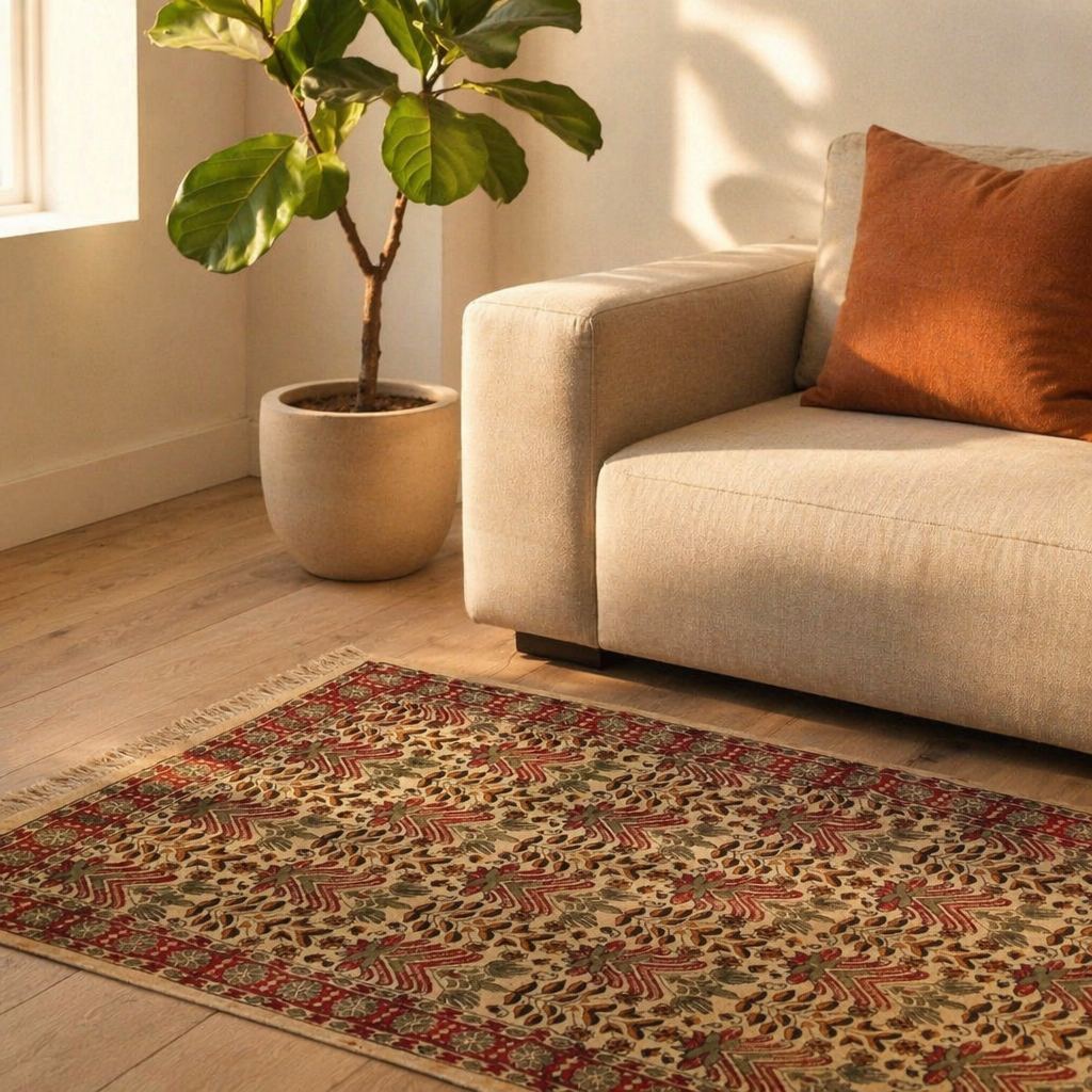 Kalamkari Floral Handwoven Block-Printed Cotton Rug, The Woven Floor. Handmade in India by House of Taraasha.