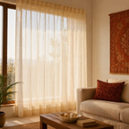 Chanderi Dot Handwoven Missing-Weave Semi-Sheer Curtain, The Draped Window. Handmade in India by House of Taraasha.