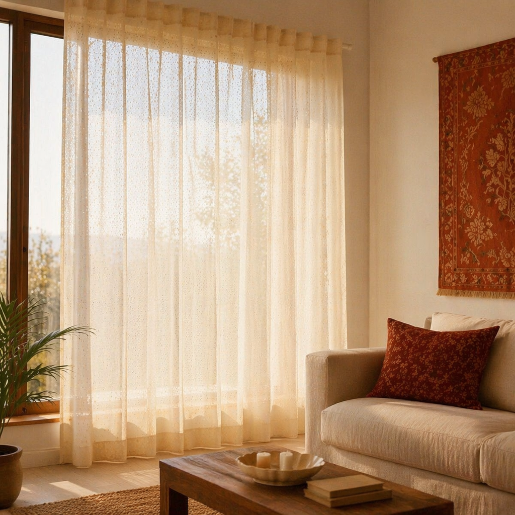 Chanderi Dot Handwoven Missing-Weave Semi-Sheer Curtain, The Draped Window. Handmade in India by House of Taraasha.