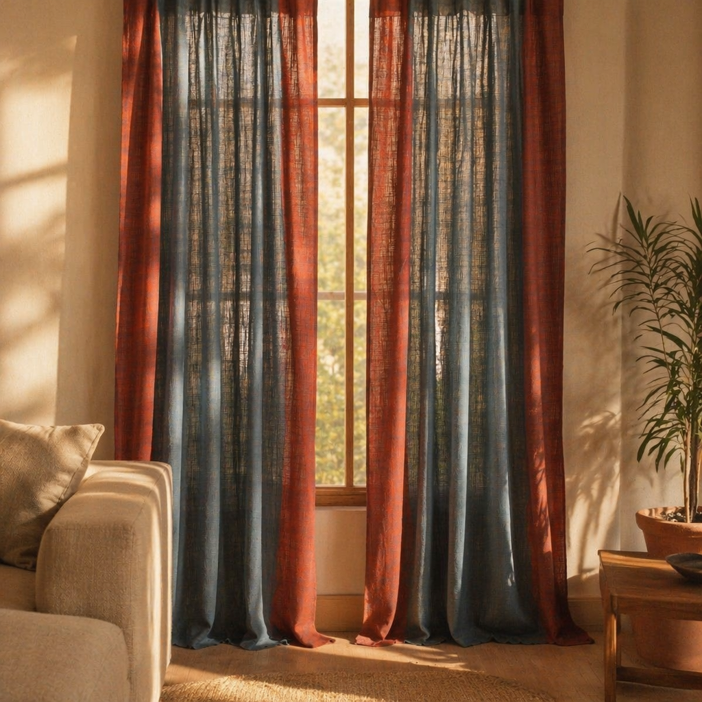 Chintz Navy Blue Hand-Printed Cotton Door Curtain, The Draped Window. Handmade in India by House of Taraasha.
