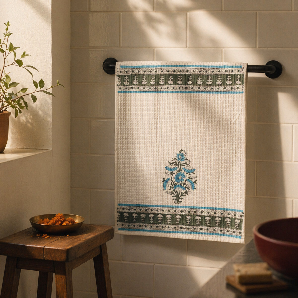 Block-Printed Waffle Hand-Printed Cotton Hand Towel, The Linen Room. Handmade in India by House of Taraasha.