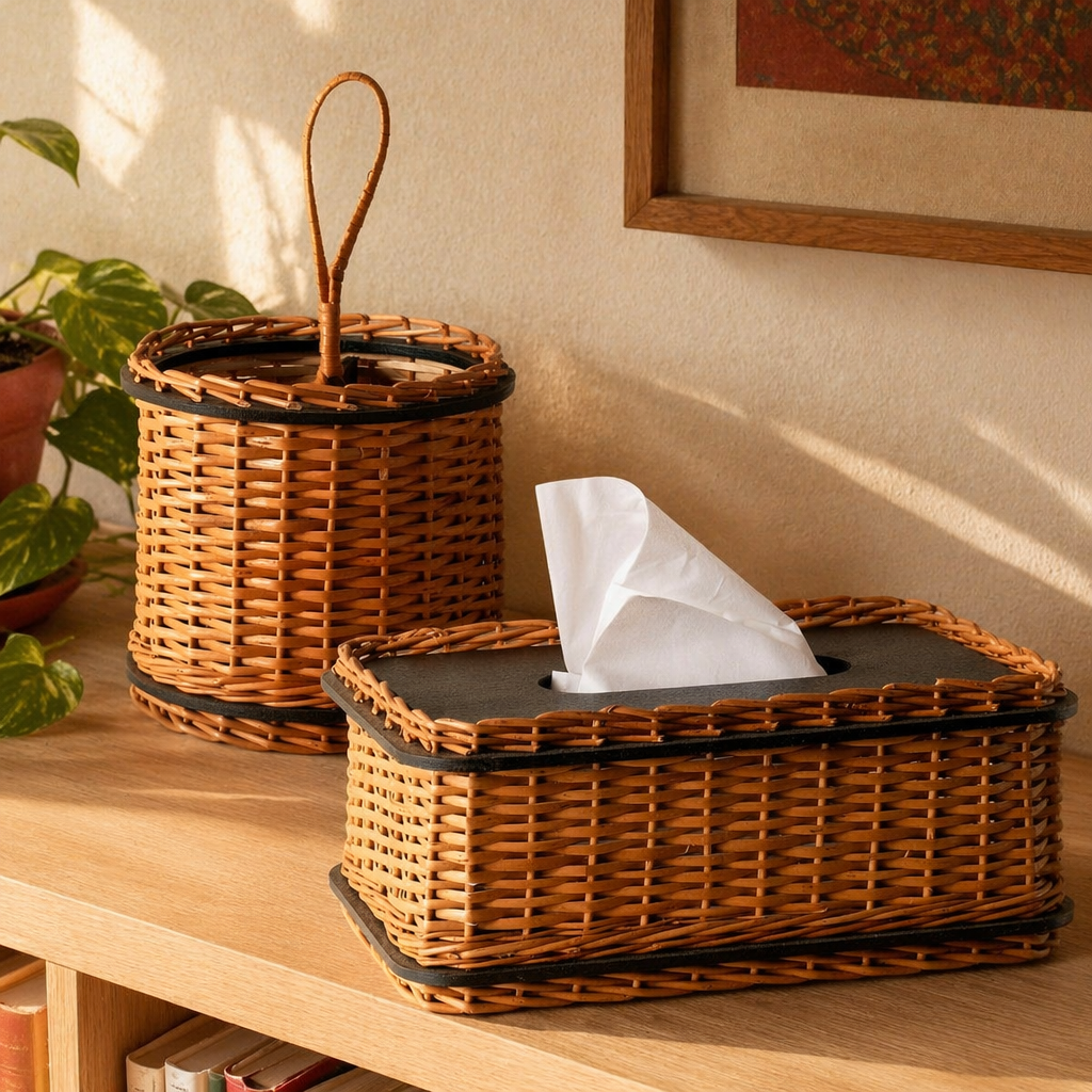 Kashmir Willow Tissue Box & Cutlery Caddy, The Wicker House. Handmade in India by House of Taraasha.