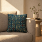 Indigo and Green Block-Printed Mirror-Embroidered Cushion, The Living Room. Handmade in India by House of Taraasha.