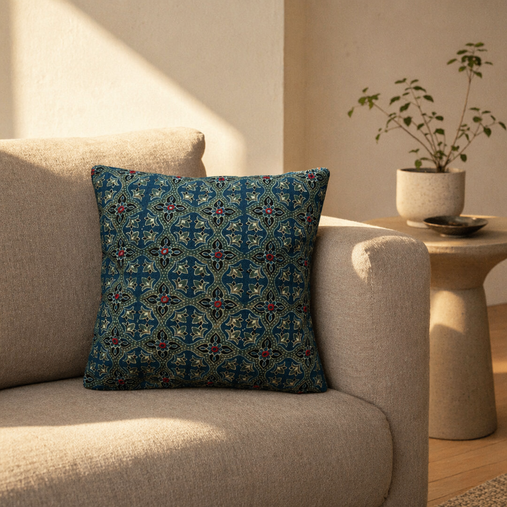 Indigo and Green Block-Printed Mirror-Embroidered Cushion, The Living Room. Handmade in India by House of Taraasha.