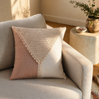 Taupe and Off White Crochet-Detailed Cotton Cushion Cover, The Living Room. Handmade in India by House of Taraasha.