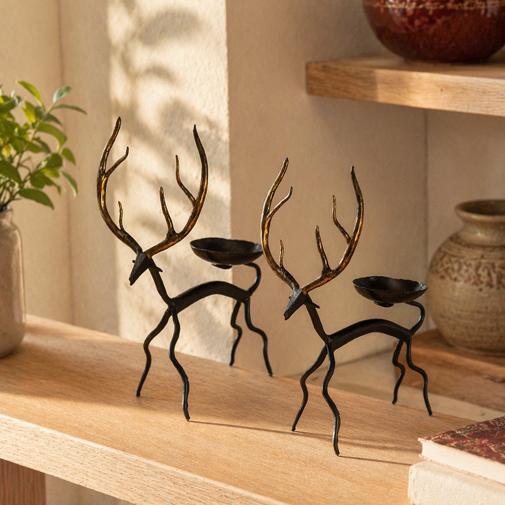 Golden Deer Bastar Lohshilp Wrought Iron Tea Lights, Still Light. Handmade in India by House of Taraasha.