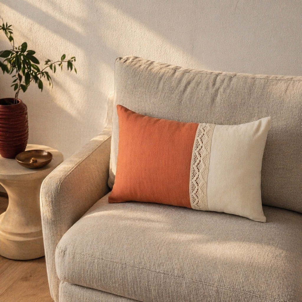 Rust and Off-White Crochet Bolster Cushion Cover, The Living Room. Handmade in India by House of Taraasha.