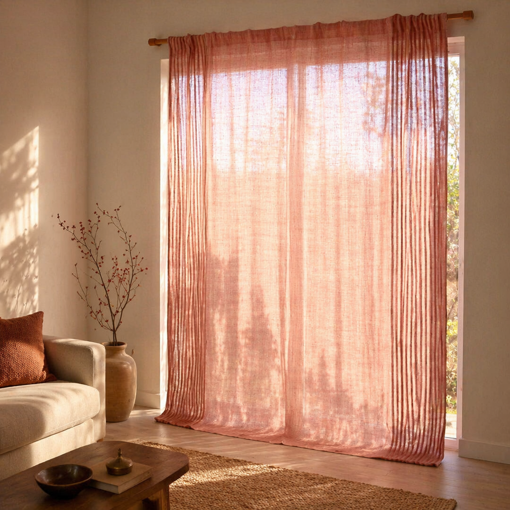 Dusty Pink Stripe Handwoven Semi-Blackout Cotton Curtain, The Draped Window. Handmade in India by House of Taraasha.