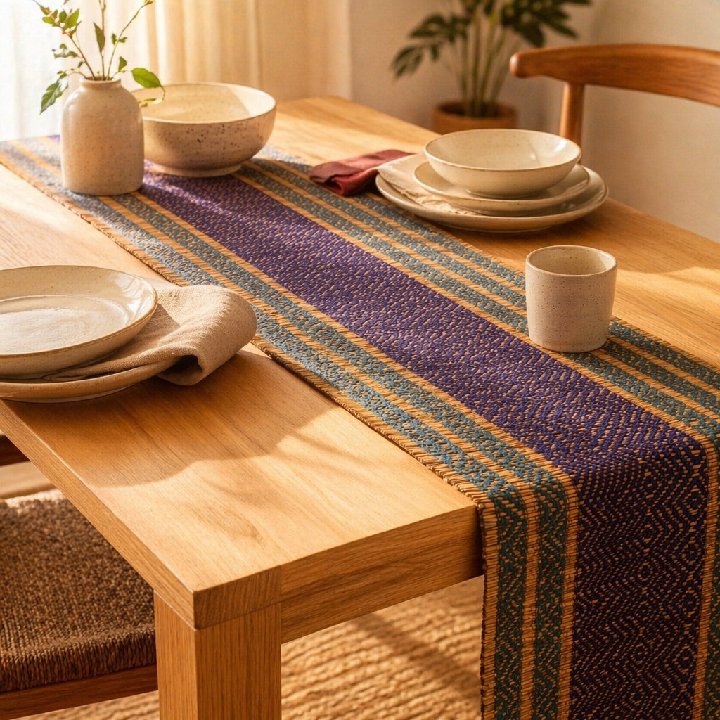 Madur Grass Woven Runner Teal and Cobalt Blue, The Gathered Table. Handmade in India by House of Taraasha.