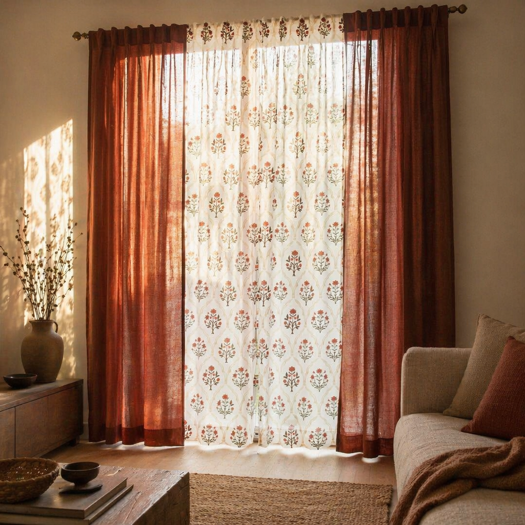 Royal Courtyards Rust & Maroon Woven-Printed Set of Three, The Draped Window. Handmade in India by House of Taraasha.