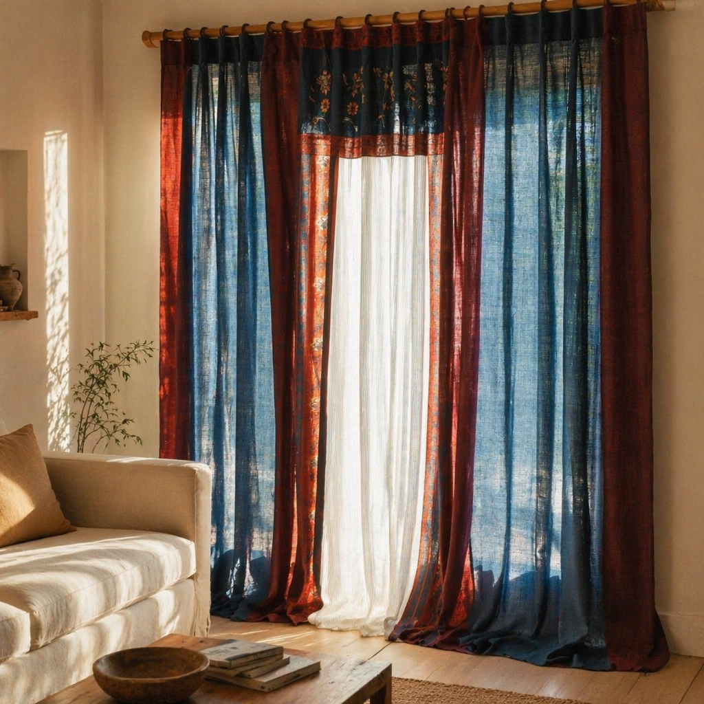 Chintz Assorted Set Ivory, Navy and Maroon Cotton Curtains, The Draped Window. Handmade in India by House of Taraasha.