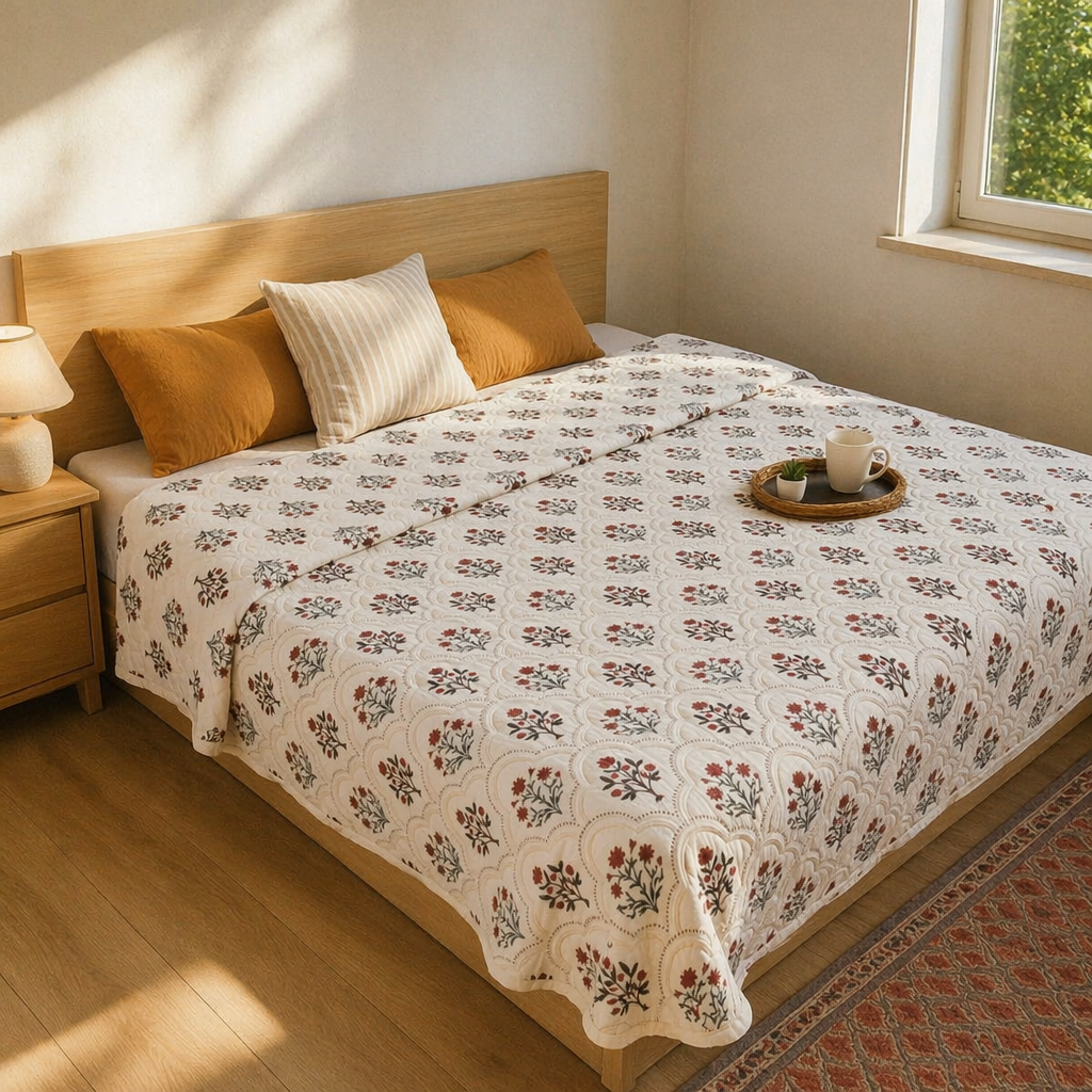Ornate Florals Rust and Maroon Reversible Quilt, The Linen Room. Handmade in India by House of Taraasha.
