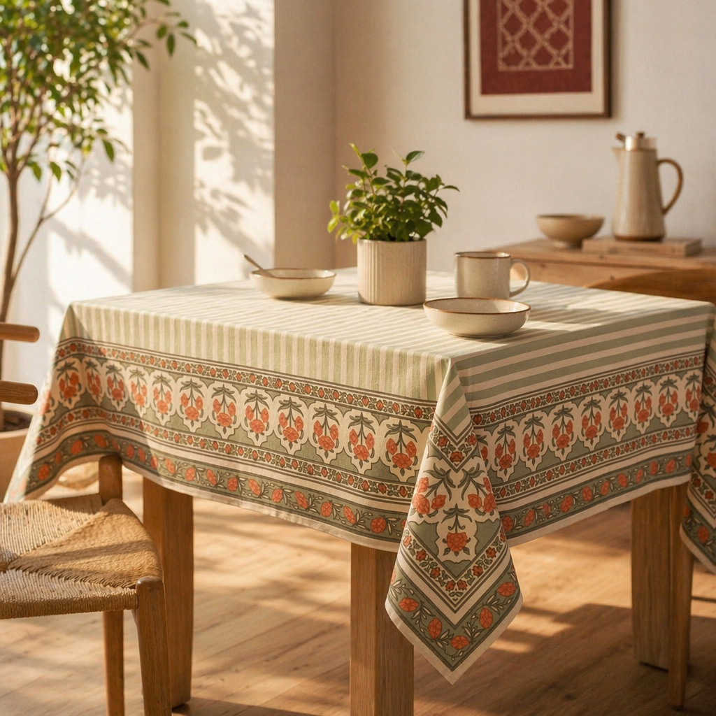 Royal Courtyards Table Cloth Green and Dusty Pink, The Gathered Table. Handmade in India by House of Taraasha.