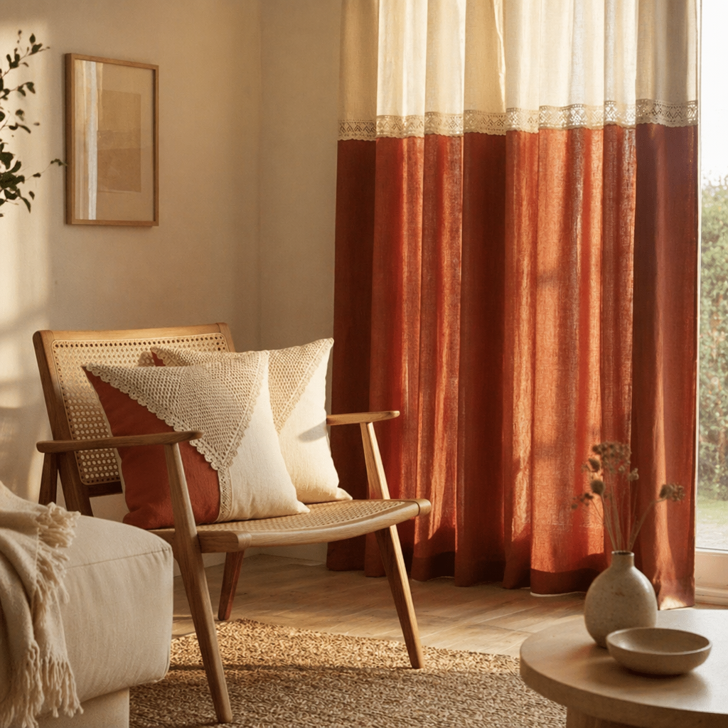 Rust & Off-White Reversible Cotton Curtain & Cushion Set, The Draped Window. Handmade in India by House of Taraasha.
