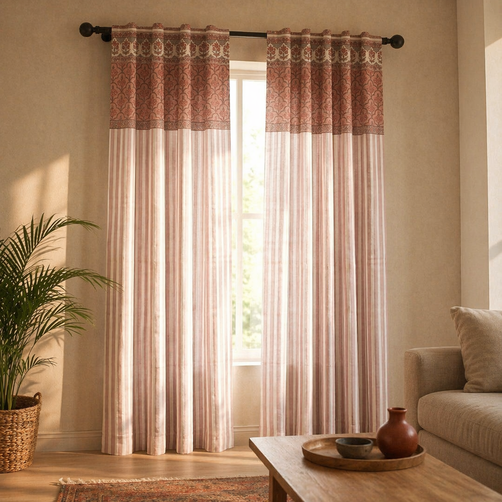 Dusty Pink and Off-White Floral Stripe Cotton Door Curtain, The Draped Window. Handmade in India by House of Taraasha.