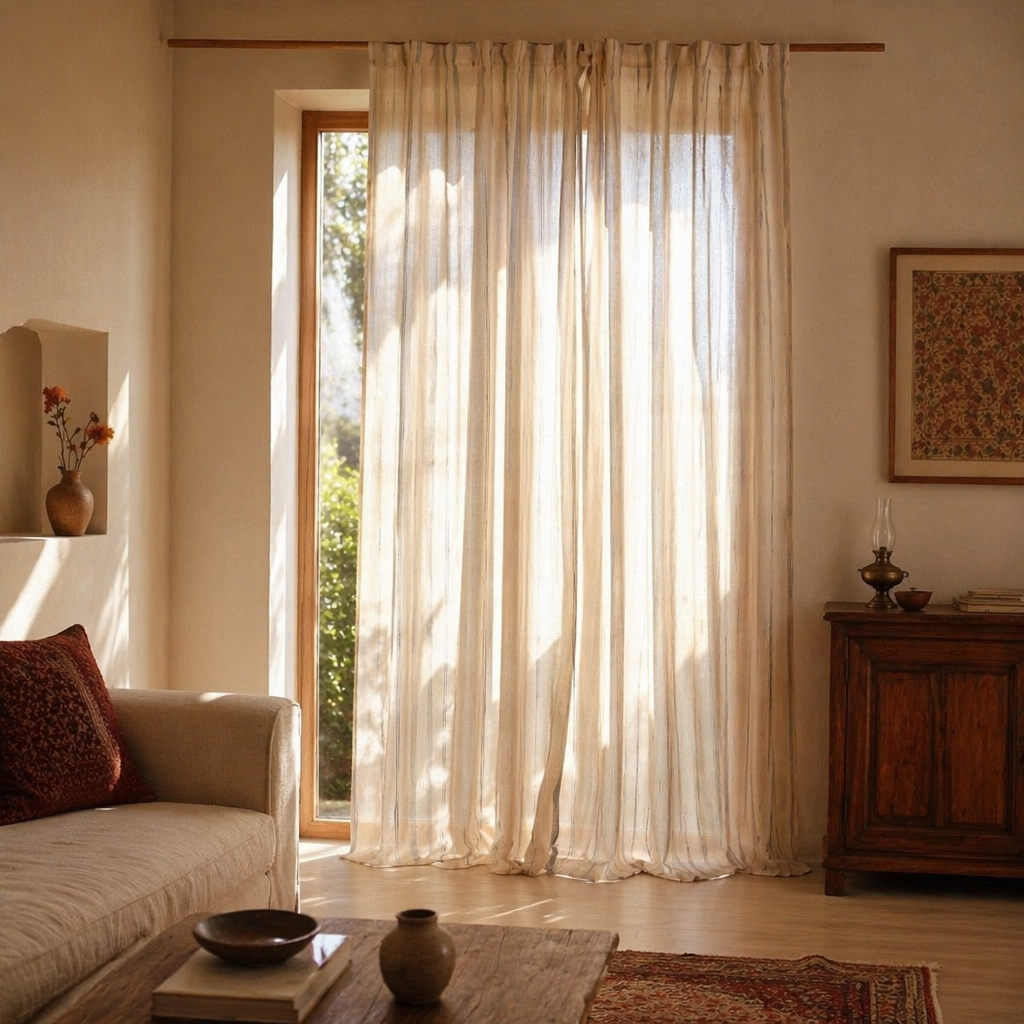 Handwoven Stripe Off-White and Charcoal Cotton Curtain, The Draped Window. Handmade in India by House of Taraasha.