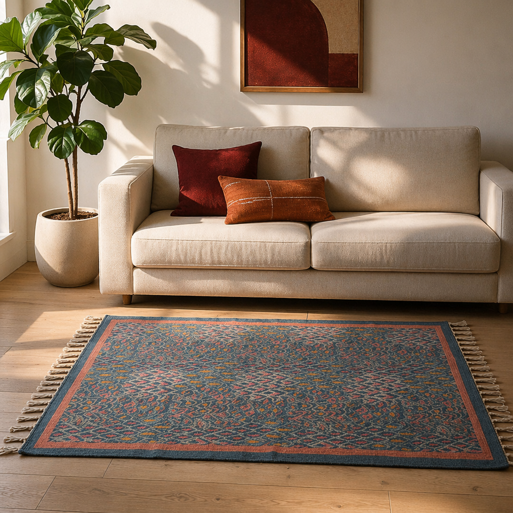 Vintage Chintz Hand Block-Printed Coral Floral Rug, The Woven Floor. Handmade in India by House of Taraasha.