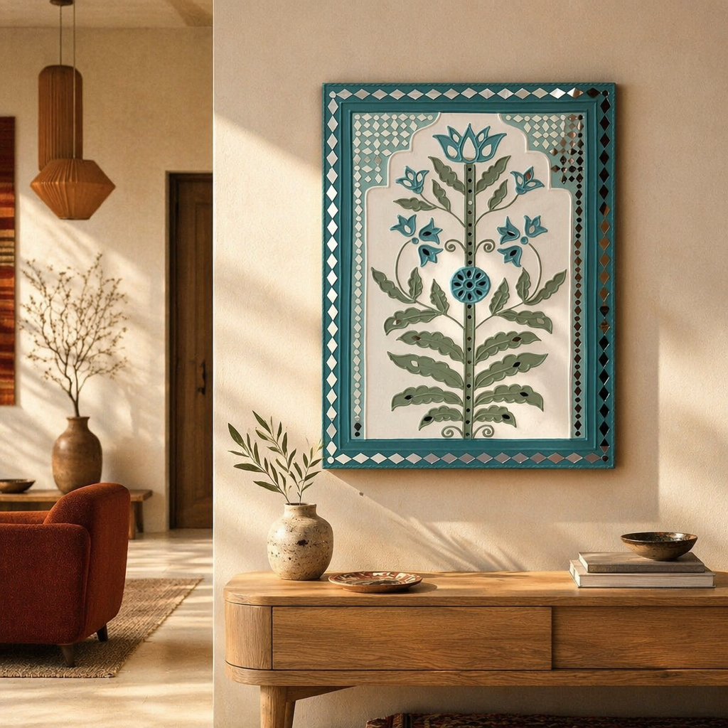 Aqua Blue Lippan Wall Hanging Floral Motif, The Art Wall. Handmade in India by House of Taraasha.