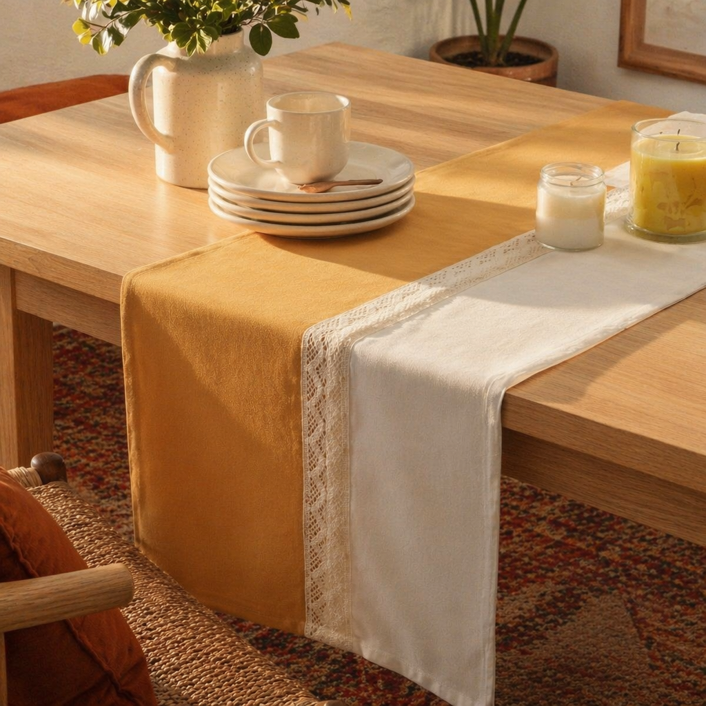 Crochet-Edged Runner Mustard and Off-White, The Gathered Table. Handmade in India by House of Taraasha.