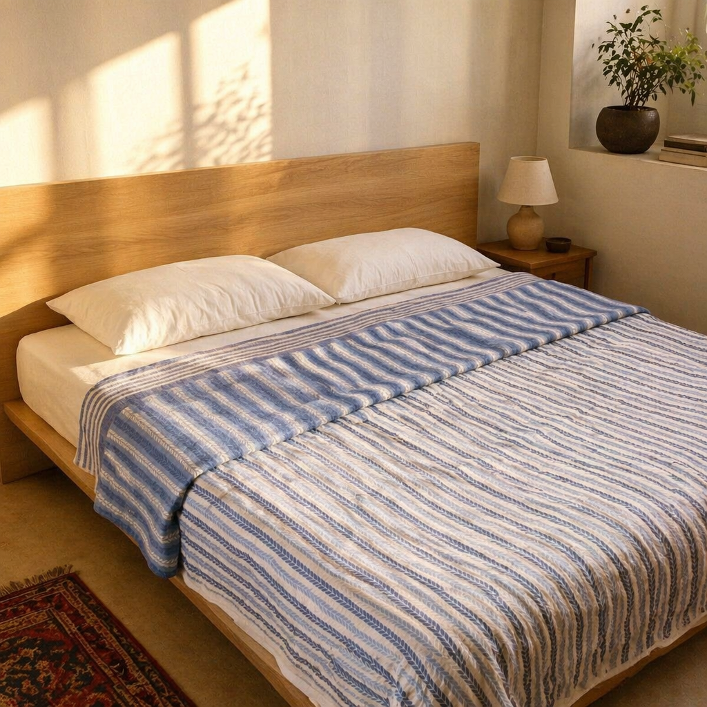 Blue Leafy Stripes Reversible Mulmul Quilt, The Linen Room. Handmade in India by House of Taraasha.