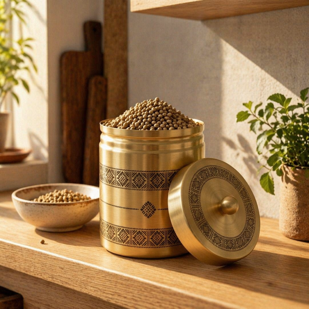 Kanjeevaram Etched Pure Brass Kitchen Storage Jar, The Brass Atelier. Handmade in India by House of Taraasha.