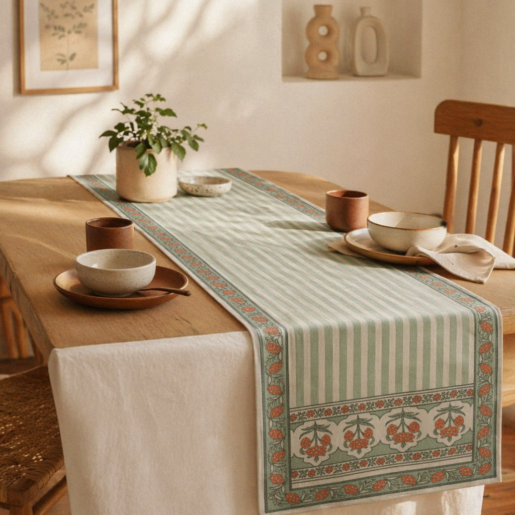 Royal Green & Pink Pure Cotton Table Runner, The Gathered Table. Handmade in India by House of Taraasha.