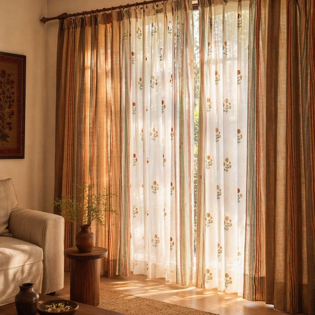 Handwoven & Block-Printed Set Ivory, Rust, Mustard and Teal, The Draped Window. Handmade in India by House of Taraasha.