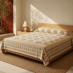 Jaali Ivory and Taupe Block-Printed Bed Cover, The Linen Room. Handmade in India by House of Taraasha.