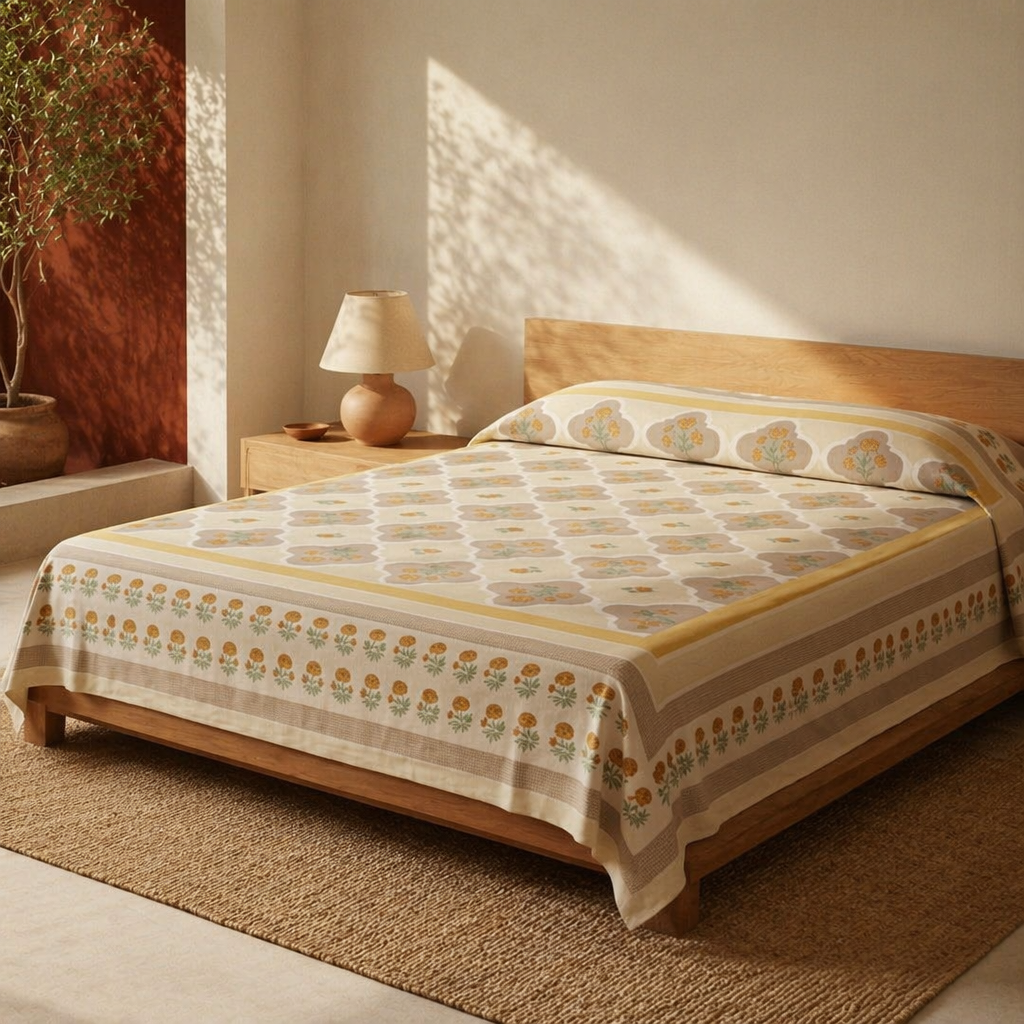 Jaali Ivory and Taupe Block-Printed Bed Cover, The Linen Room. Handmade in India by House of Taraasha.