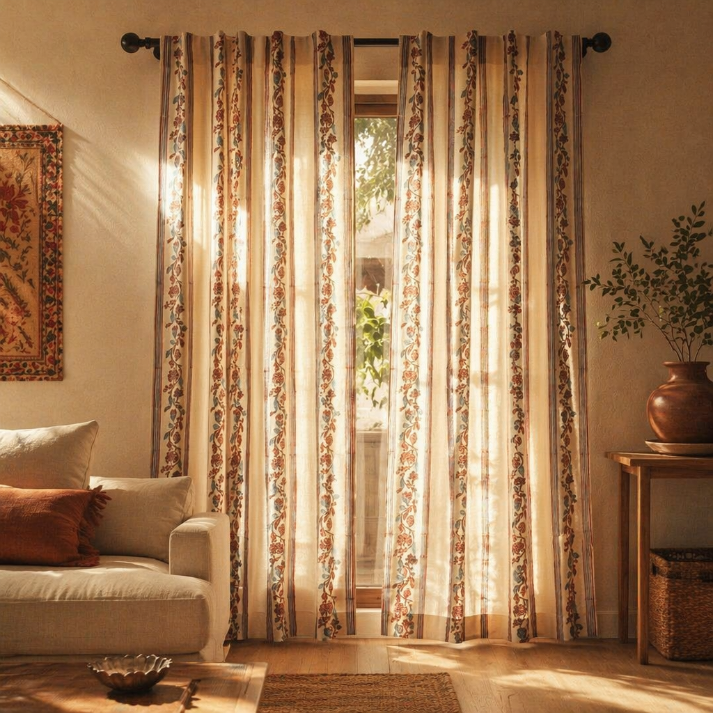 Chintz Sheer Off-White, Brick Red and Navy Striped Floral Curtain, The Draped Window. Handmade in India by House of Taraasha.
