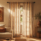 Chintz Sheer Off-White, Brick Red and Navy Striped Floral Curtain, The Draped Window. Handmade in India by House of Taraasha.