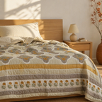 Marigold Jaali Ivory and Taupe Cotton Quilt, The Linen Room. Handmade in India by House of Taraasha.