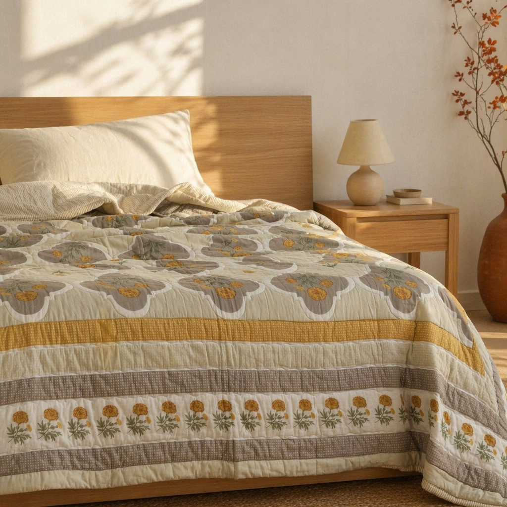 Marigold Jaali Ivory and Taupe Cotton Quilt, The Linen Room. Handmade in India by House of Taraasha.