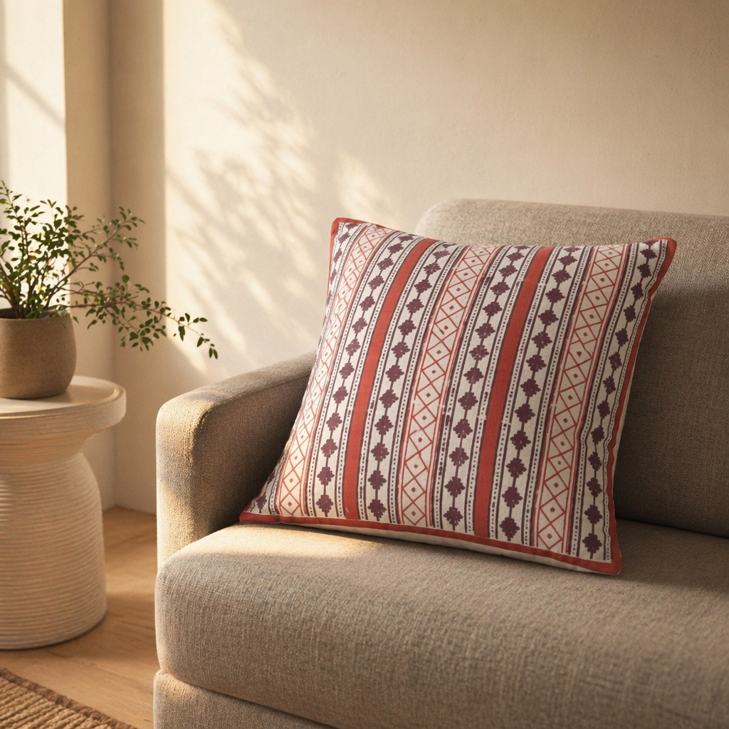 Maroon & Black Hand Block-Printed Cotton Cushion Cover, The Living Room. Handmade in India by House of Taraasha.
