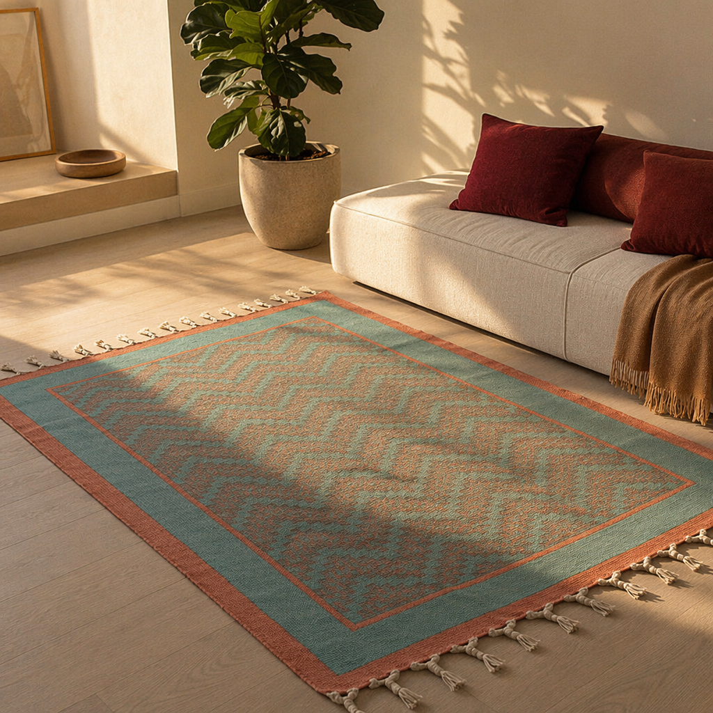 Green and Navy Hand Block-Printed Cotton Chevron Rug, The Woven Floor. Handmade in India by House of Taraasha.