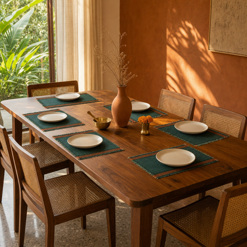 Teal Handwoven Grass Table Mat in a modern home