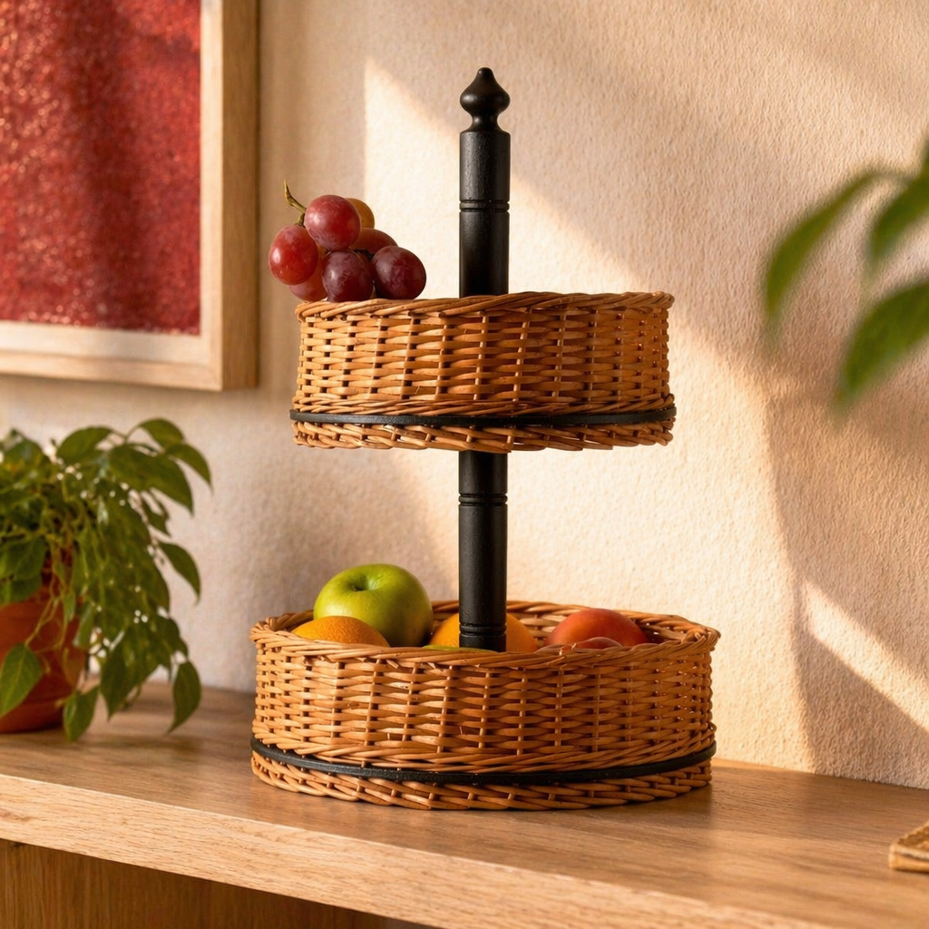 Kashmiri Two-Tier Collapsible Willow Fruit Basket, The Wicker House. Handmade in India by House of Taraasha.