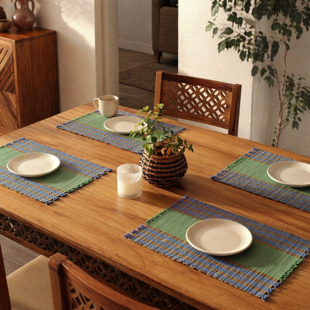 Powder Blue & Aqua Green Madur Grass Table Mat, The Gathered Table. Handmade in India by House of Taraasha.